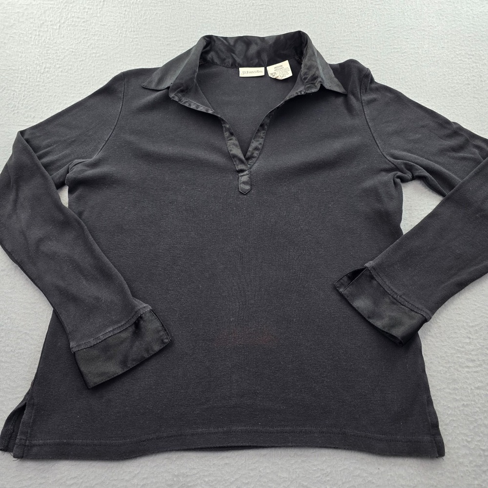 St Johns Bay Top Womens Medium Black Cotton Satin Trim Collar Knitted Side Slits